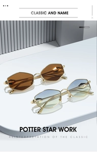 Detail of geometric polygon sunglasses with gold metal frames and gradient lenses