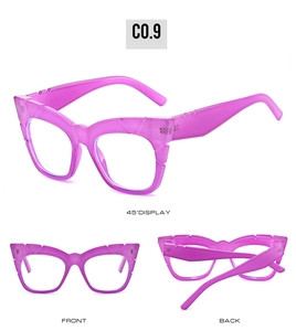 Three views of purple translucent square cat-eye sunglasses with wide temple detail