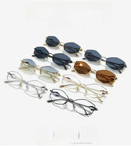 Collection of geometric metal frame sunglasses in various lens colors with sharp details