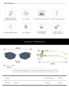 Detailed size specifications and metal frame dimensions for the unisex sunglasses
