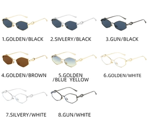 Collection of eight polygonal sunglasses with metallic frames in various lens colors