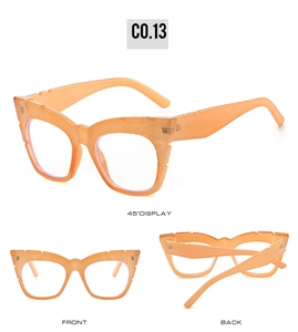 Detail view of transparent orange square sunglasses with integrated nose pads from multiple angles