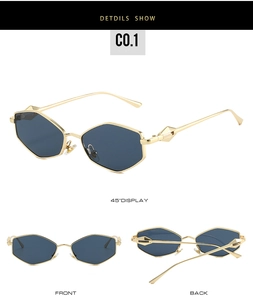 Detailed view of hexagonal gold metal frame sunglasses with dark polarized lenses