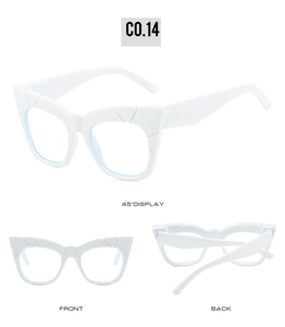 Detailed views of white chunky cat-eye glasses frames with unique geometric textures