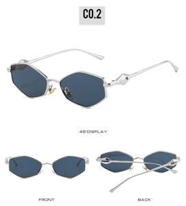Multi-angle views of silver polygonal sunglasses with deep blue hexagonal lenses