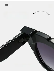Macro detail of a durable metal hinge on stylish square-frame sunglasses with gradient lens