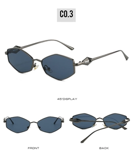 Detail view of hexagonal gunmetal sunglasses with geometric temple accents and dark lenses