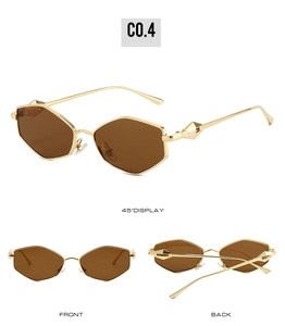 Three angles of gold hexagonal sunglasses with brown lenses showing front, back, and 45 degree view