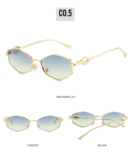 Multi-angle views of hexagonal gold metal frame sunglasses with blue-yellow gradient lenses