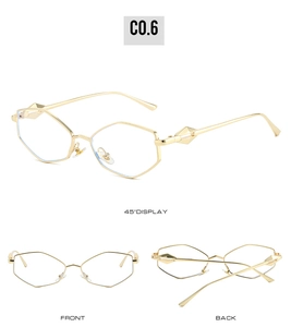 Detailed views of gold irregular hexagonal sunglasses showing front and side angles