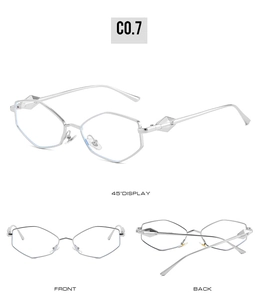 Three-view detail of silver polygonal metal sunglasses with diamond-textured temples
