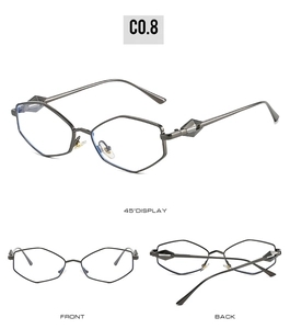 Detailed views of gunmetal geometric sunglasses with diamond-embossed hinges and frames