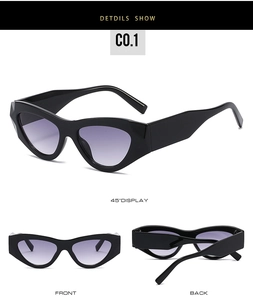 Trois vues de lunettes de soleil œil-de-chat noires avec monture épaisse et verres dégradés