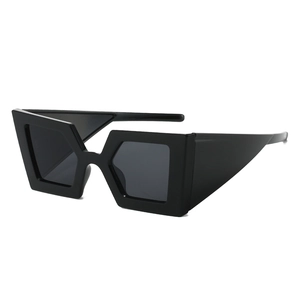Modern oversized square sunglasses with wide temples and dark grey lenses in black resin