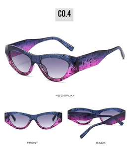 Détails de lunettes de soleil œil-de-chat à rayures zébrées bleu-violet et vues d'angles