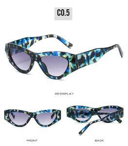 Vues détaillées de lunettes de soleil œil-de-chat à monture bleue et verte et verres mauves