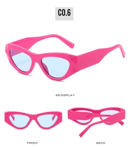 Vues détaillées de lunettes œil-de-chat rose vif avec verres bleu clair sous trois angles