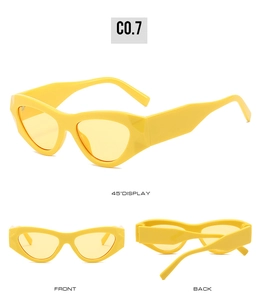 Vue sous trois angles de lunettes de soleil œil de chat jaune vif à monture épaisse et verres