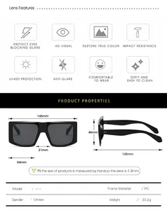 Detailed sizing chart and UV400 lens features for square oversized frame sunglasses