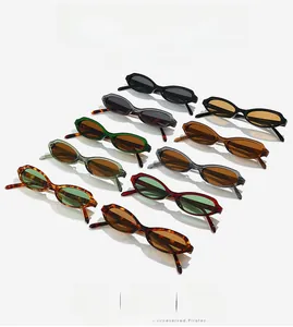 Detail view of oval retro sunglasses in black, tortoise, and transparent tea colors