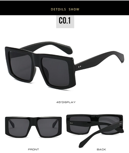 Front and side view of square oversized sunglasses with chic metallic temple accents