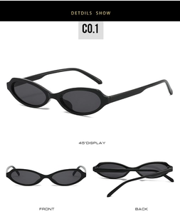 Detailed multi-angle views of black oval sunglasses featuring a vintage narrow frame design