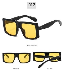 Detailed views of square black frame sunglasses with bright yellow lenses from three angles