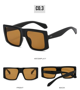 Detailed views of oversized square retro sunglasses with black frames and orange lenses