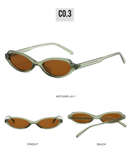 Three angles of oval cat-eye sunglasses with green transparent frames and brown lenses