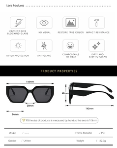 Detailed size chart and core features of stylish square frame UV400 sunglasses