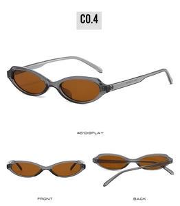 Detailed multi-angle view of oval sunglasses with transparent grey frames and brown lenses