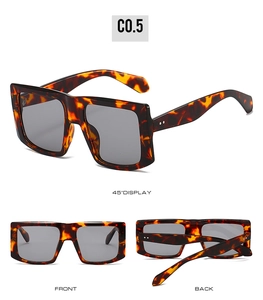 Detailed views of square oversized tortoise shell sunglasses with dark grey lenses