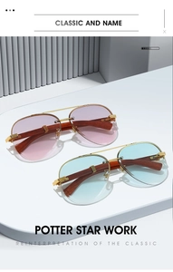 Detail of pilot sunglasses with wood grain temples and gradient tinted lenses