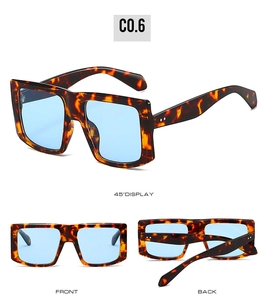 Detail view of square tortoiseshell sunglasses with light blue lenses and metal hinges