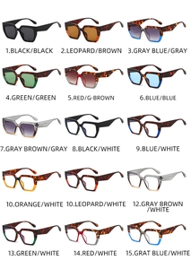 Matrix showing fifteen assorted square frame sunglasses and clear lens fashion glasses