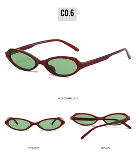 Detail view of retro oval sunglasses showing front, back and 45-degree angle perspectives