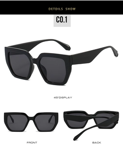 Detailed close-up showing the front and back views of large black square sunglasses