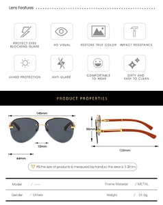 Detailed size specifications for pilot sunglasses with wood grain texture and double bridge