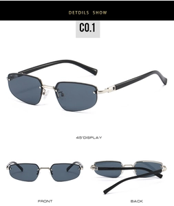 Detailansichten der halbrandlosen eckigen Sonnenbrille mit Front-, Rück- und Seitenansicht