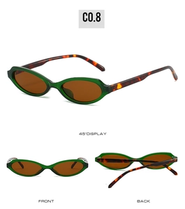Multi-angle views of green oval sunglasses with tortoiseshell temples and amber lenses
