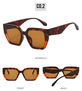 Detail views of oversized tortoise shell square sunglasses with tinted brown lenses