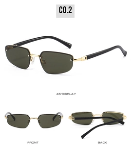 Drei Ansichten der Halbrand-Quadrat-Sonnenbrille mit grünen Gläsern und Goldsteg