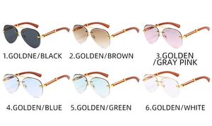 Detailed grid showing rimless pilot sunglasses with wood grain temples in six colors
