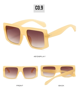 Three-angle view of oversized square sunglasses with jelly yellow frames and gradient lenses