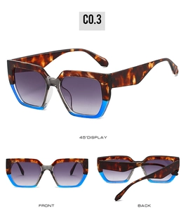 Detailed views of tortoise frame sunglasses with purple gradient lenses and blue accents