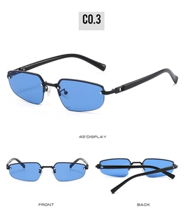 Drei Ansichten einer retro randlosen hexagonalen Sonnenbrille mit blauen Gläsern