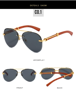 Detailed views of rimless aviator sunglasses with wood grain temples and gold bridge