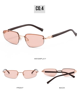 Detailansicht der quadratischen Halbrand-Sonnenbrille mit rosa Gläsern und Goldbügeln