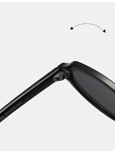 Detailed close-up of durable hinge and specifications on black sunglasses frames
