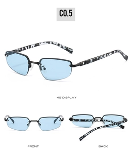 Detailansicht der quadratischen Halbrand-Sonnenbrille mit hellblauen Gläsern und Leopardenbügeln